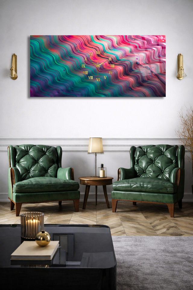 KIRILMAZ CAM DUVAR SAATİ , HEM TABLO HEM SAAT RENKLİ AKIŞ SANAT TASARIM EV OFİS HEDİYESİ