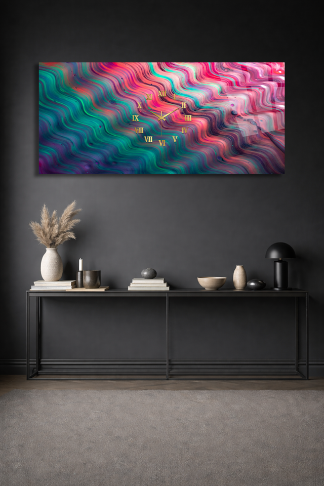 KIRILMAZ CAM DUVAR SAATİ , HEM TABLO HEM SAAT RENKLİ AKIŞ SANAT TASARIM EV OFİS HEDİYESİ