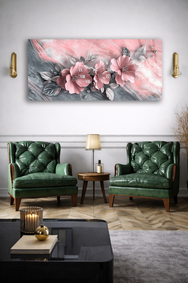 KIRILMAZ CAM DUVAR SAATİ , HEM TABLO HEM SAAT PEMBE ÇİÇEKLİ MERMER SANAT TASARIM EV OFİS HEDİYESİ