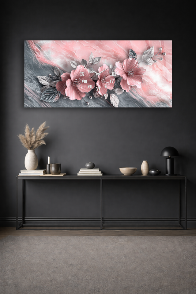 KIRILMAZ CAM DUVAR SAATİ , HEM TABLO HEM SAAT PEMBE ÇİÇEKLİ MERMER SANAT TASARIM EV OFİS HEDİYESİ