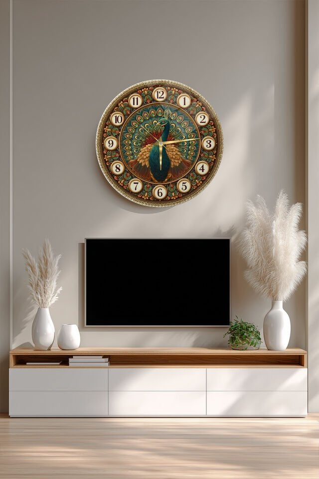 KIRILMAZ CAM DUVAR SAATİ, HEM TABLO HEM SAAT TAVUS KUŞU OSMANLI DESENLİ DEKORATİF EV OFİS HEDİYESİ