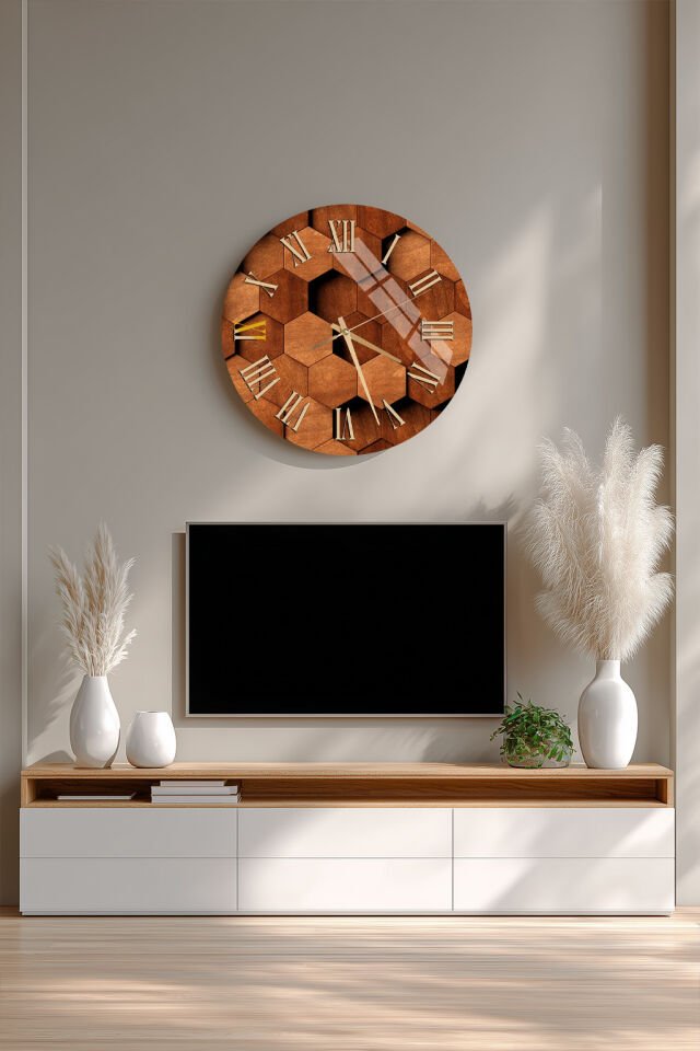KIRILMAZ CAM DUVAR SAATİ, HEM TABLO HEM SAAT AHŞAP DOKULU GEOMETRİK ALTIGEN TASARIM EV OFİS HEDİYESİ