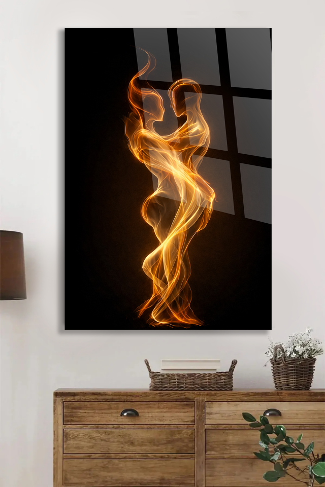 KIRILMAZ CAM TABLO AŞK VE BİRLİKTE DANS EDEN IŞIK SİLÜETLERİ SOYUT TASARIM