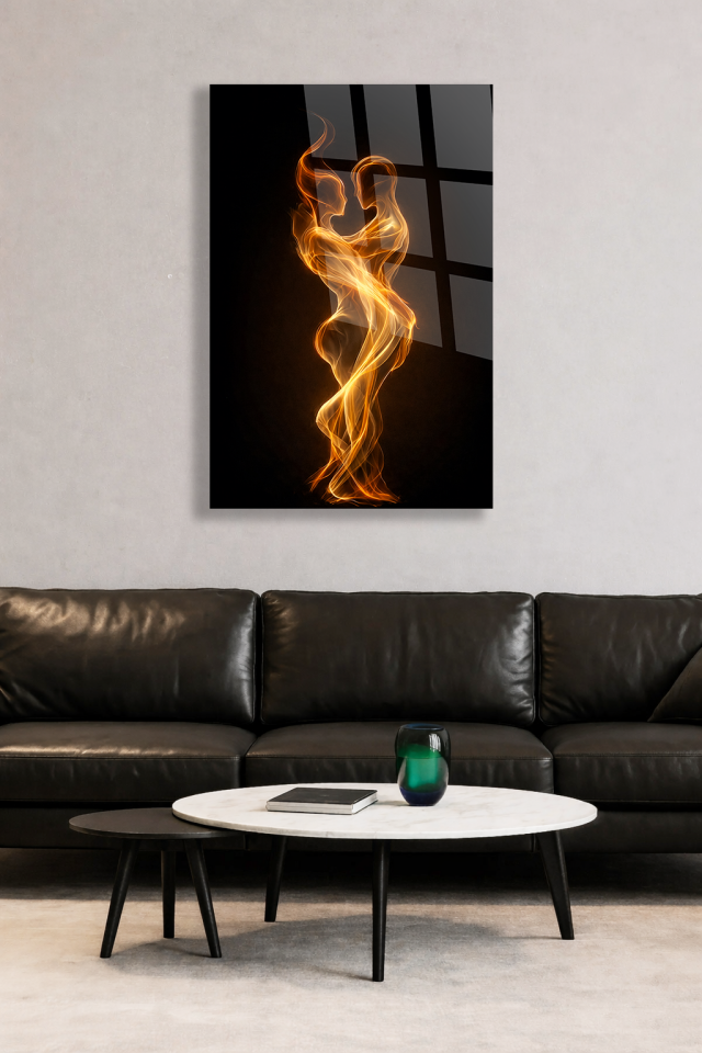 KIRILMAZ CAM TABLO AŞK VE BİRLİKTE DANS EDEN IŞIK SİLÜETLERİ SOYUT TASARIM