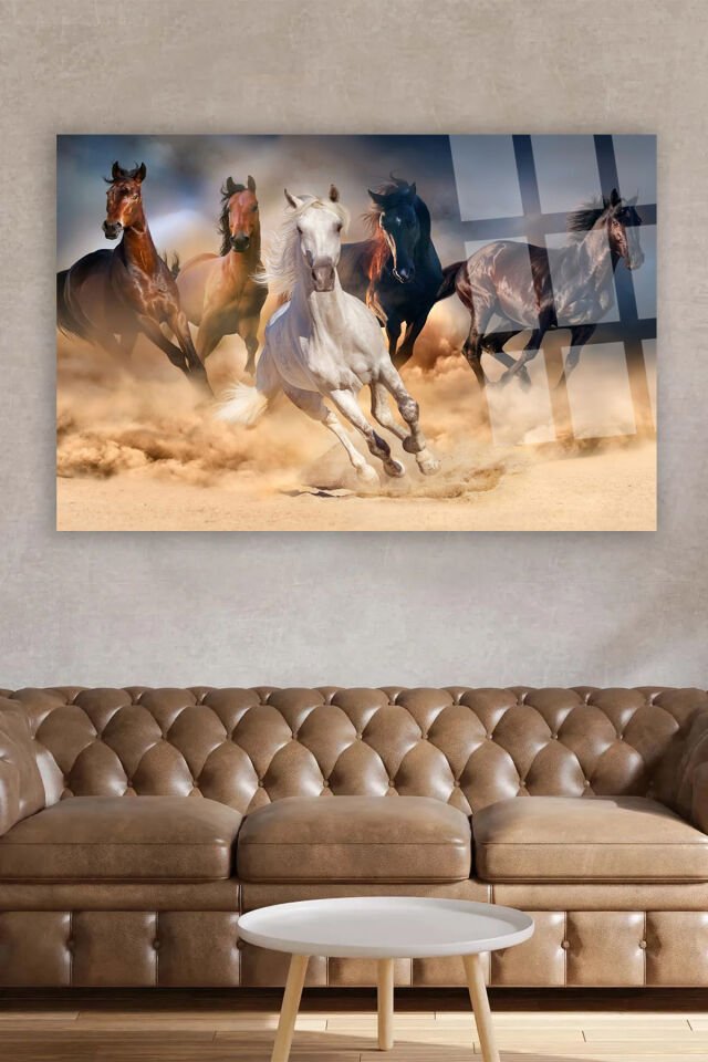 KOŞAN ATLAR ULTRA CANLI RENKLİ KIRILMAZ CAM TABLO EV HEDİYESİ AT TABLOSU Kahverengi