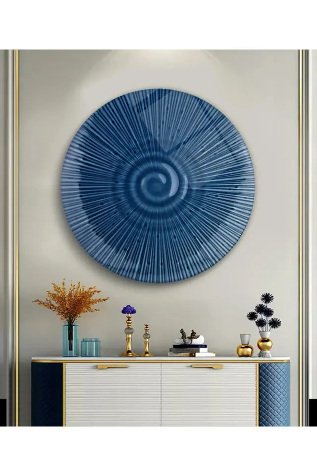 SİMETRİK DESENLİ MODERN KIRILMAZ LÜKS YUVARLAK CAM TABLO MODERN HEDİYE TABLO Lacivert