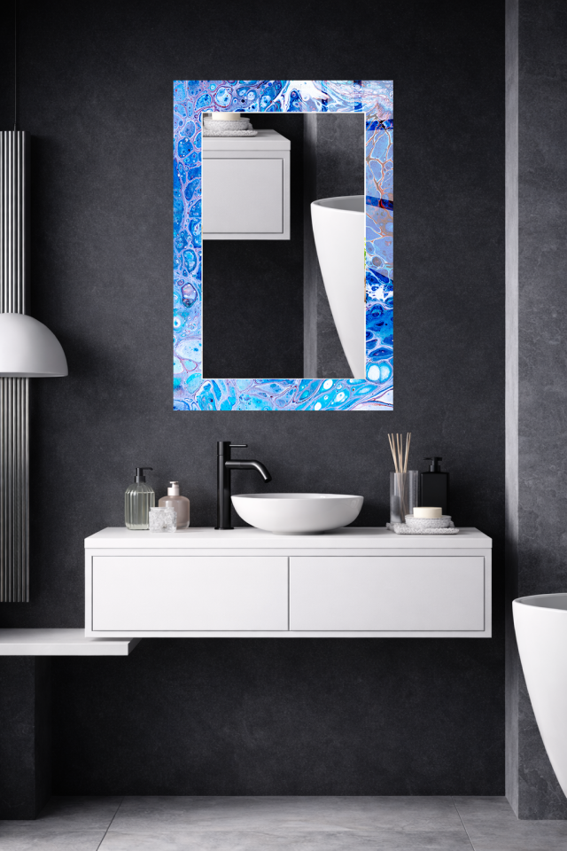 HEM TABLO HEM AYNA MAVİ MERMER EFEKT CAM DUVAR AYNASI EV DEKORU