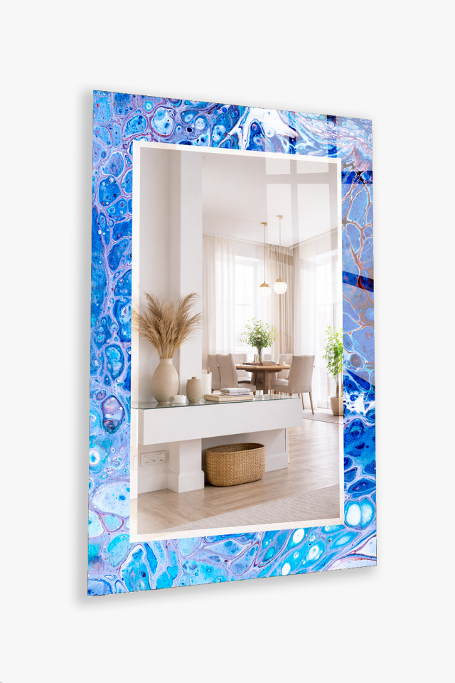 HEM TABLO HEM AYNA MAVİ MERMER EFEKT CAM DUVAR AYNASI EV DEKORU