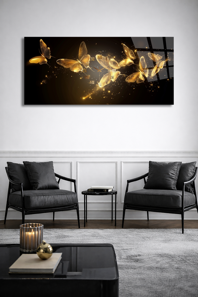 KIRILMAZ CAM DUVAR SAATİ , HEM TABLO HEM SAAT ALTIN KELEBEK LÜKS TASARIM EV OFİS HEDİYESİ