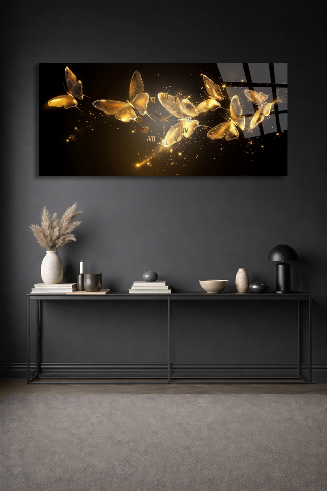 KIRILMAZ CAM DUVAR SAATİ , HEM TABLO HEM SAAT ALTIN KELEBEK LÜKS TASARIM EV OFİS HEDİYESİ