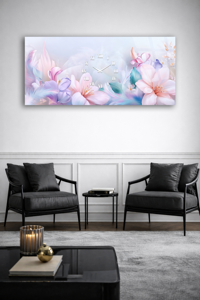 KIRILMAZ CAM DUVAR SAATİ , HEM TABLO HEM SAAT PASTEL ÇİÇEKLİ ROMANTİK TASARIM EV OFİS HEDİYESİ