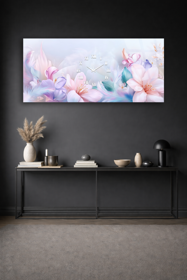 KIRILMAZ CAM DUVAR SAATİ , HEM TABLO HEM SAAT PASTEL ÇİÇEKLİ ROMANTİK TASARIM EV OFİS HEDİYESİ