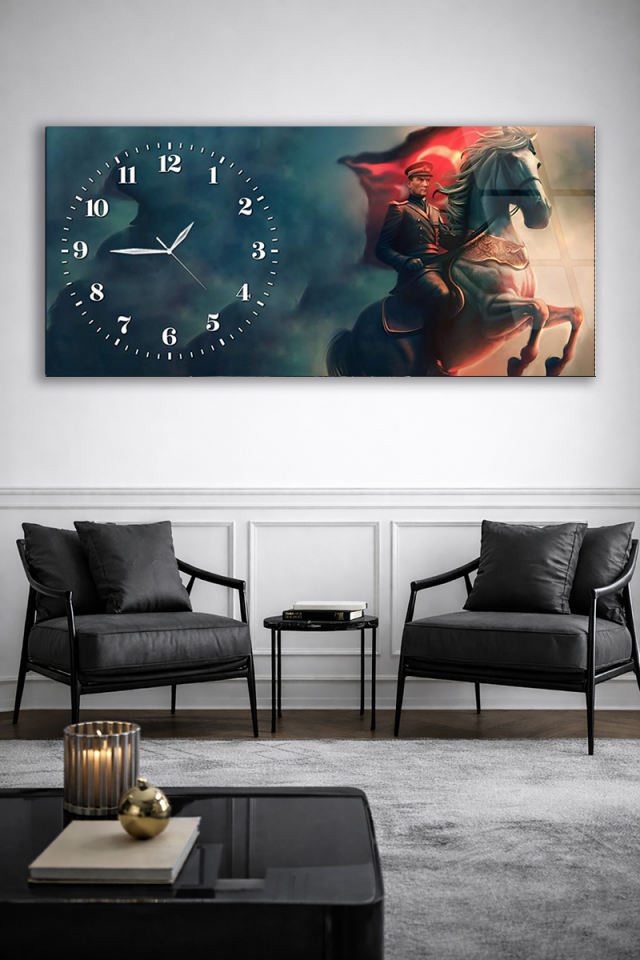 KIRILMAZ CAM DUVAR SAATİ , HEM TABLO HEM SAAT ATATÜRK AT ÜSTÜNDE TEMALI SAAT EV OFİS HEDİYESİ