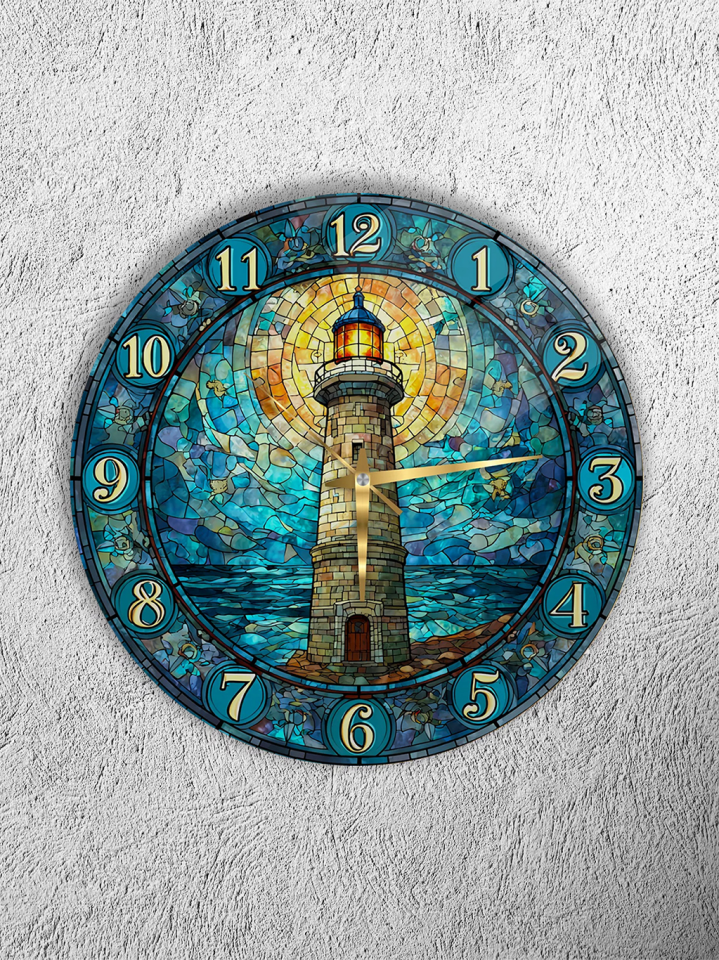 KIRILMAZ CAM DUVAR SAATİ, HEM TABLO HEM SAAT DENİZ FENERİ VİTRAY SANAT TASARIM EV OFİS HEDİYESİ