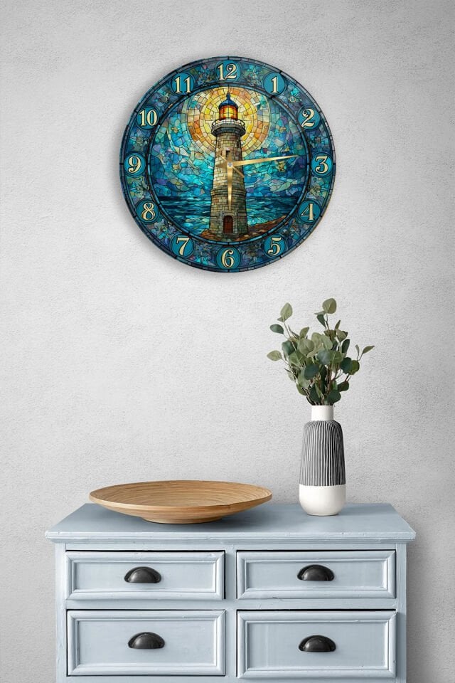 KIRILMAZ CAM DUVAR SAATİ, HEM TABLO HEM SAAT DENİZ FENERİ VİTRAY SANAT TASARIM EV OFİS HEDİYESİ