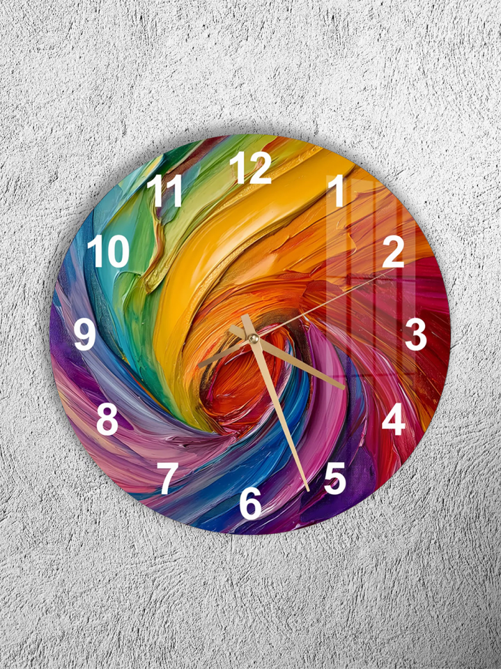KIRILMAZ CAM DUVAR SAATİ, HEM TABLO HEM SAAT RENKLİ SOYUT FIRÇA DARBESİ SANATSAL TASARIM EV OFİS HEDİYESİ