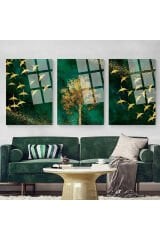 3 LÜ SET TABLO YEŞİL TEMA ARKASI GOLD YAPRAKLAR KIRILMAZ LÜKS CAM TABLO EV HEDİYESİ