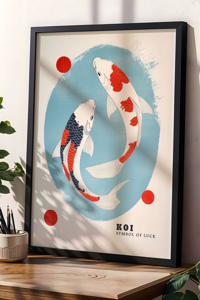 SİYAH - Sakinlik ve Akış: Koi Balıkları Modern Zen Sanatı Denge Doğal Ahşap Çerçeveli Tablo