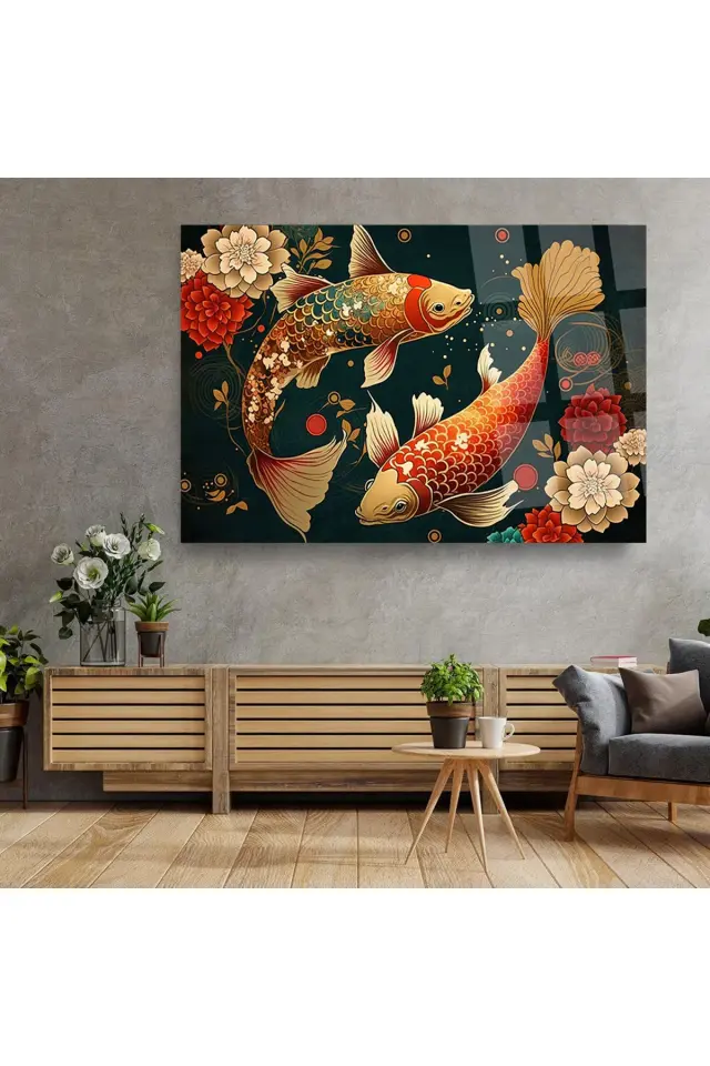 RENKLİ JAPON BALIKLARI JAPON SANATI YATAY KIRILMAZ CAM TABLO ULTRA CANLI RENKLER Turuncu