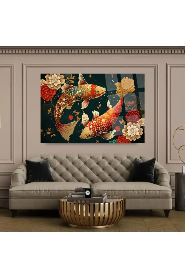 RENKLİ JAPON BALIKLARI JAPON SANATI YATAY KIRILMAZ CAM TABLO ULTRA CANLI RENKLER Turuncu