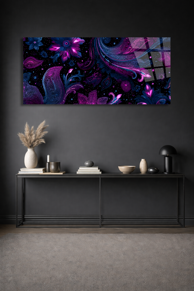 KIRILMAZ CAM DUVAR SAATİ , HEM TABLO HEM SAAT MOR ÇİÇEKLİ MODERN TASARIM EV OFİS HEDİYESİ