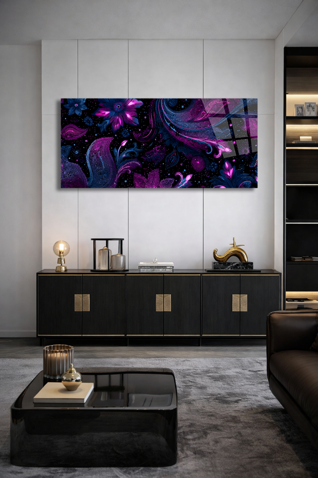 KIRILMAZ CAM DUVAR SAATİ , HEM TABLO HEM SAAT MOR ÇİÇEKLİ MODERN TASARIM EV OFİS HEDİYESİ