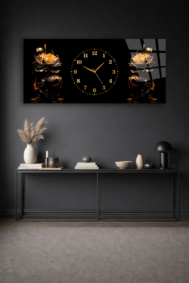 KIRILMAZ CAM DUVAR SAATİ , HEM TABLO HEM SAAT SİYAH ALTIN ÇİÇEK LÜKS TASARIM EV OFİS HEDİYESİ