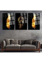 3 LÜ SET GOLD ALTIN YAPRAKLAR VE AFRİKALI KADIN KIRILMAZ LÜKS CAM TABLO EV HEDİYESİ