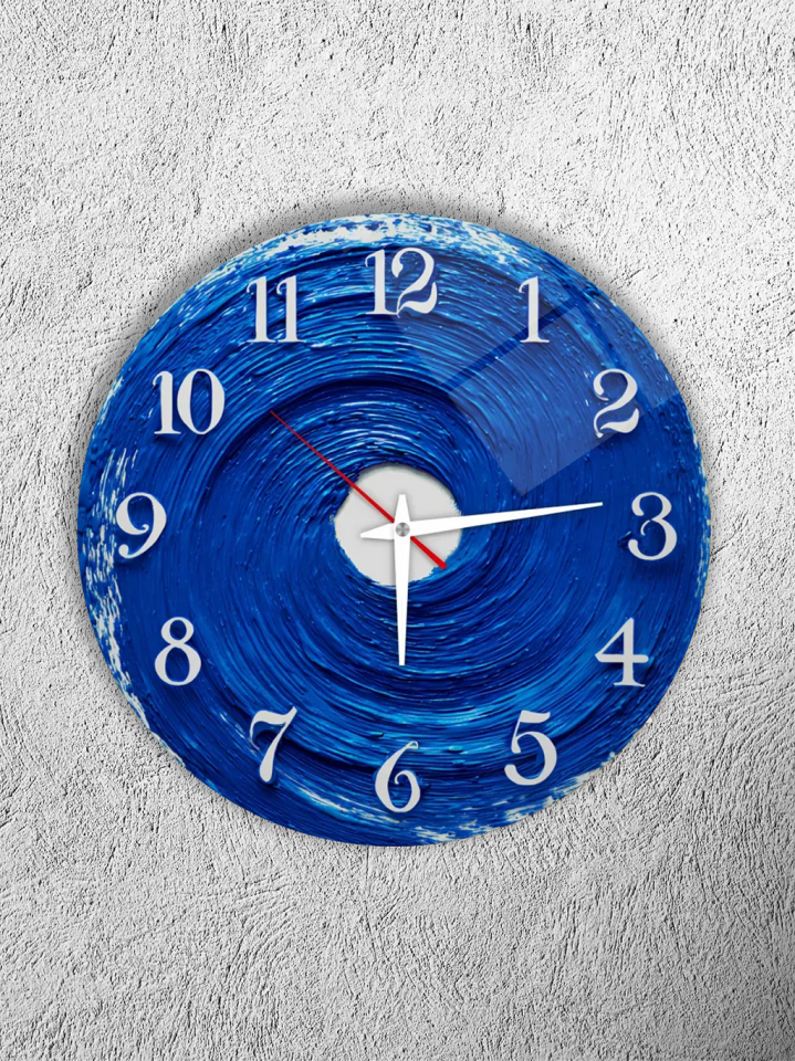 KIRILMAZ CAM DUVAR SAATİ, HEM TABLO HEM SAAT MAVİ DALGA SOYUT OKYANUS TASARIM EV OFİS HEDİYESİ