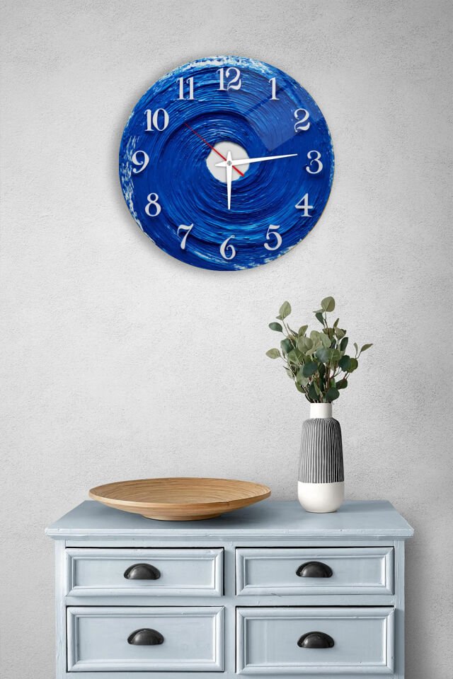 KIRILMAZ CAM DUVAR SAATİ, HEM TABLO HEM SAAT MAVİ DALGA SOYUT OKYANUS TASARIM EV OFİS HEDİYESİ