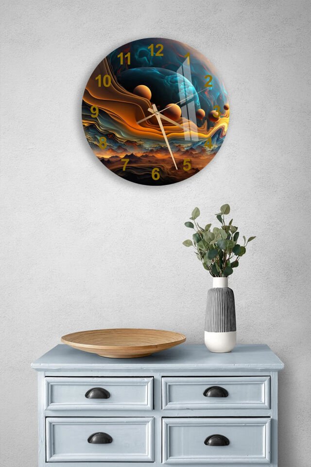 KIRILMAZ CAM DUVAR SAATİ, HEM TABLO HEM SAAT KOZMİK SOYUT GEZEGEN TEMALI TASARIM EV OFİS HEDİYESİ