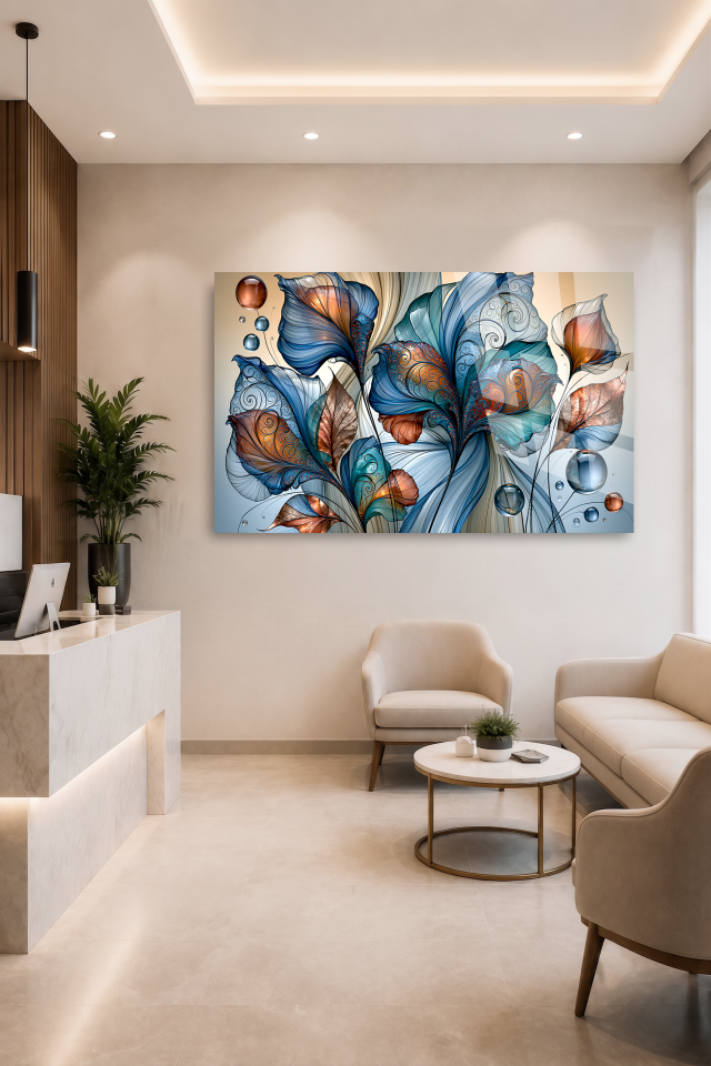 KIRILMAZ CAM TABLO MAVİ SOYUT ÇİÇEK DESENİ MODERN LÜKS SALON OFİS YATAK ODASI DUVAR DEKORU