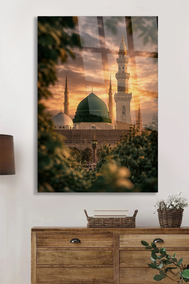 KIRILMAZ CAM TABLO MESCİD-İ NEBEVİ YEŞİL KUBBE İSLAMİ MANZARA TASARIMI