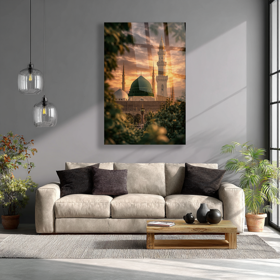 KIRILMAZ CAM TABLO MESCİD-İ NEBEVİ YEŞİL KUBBE İSLAMİ MANZARA TASARIMI