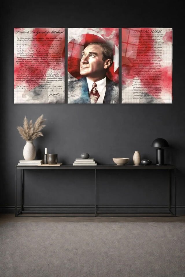 3 PARÇA ATATÜRK KÖŞESİ KIRILMAZ CAM TABLO EV HEDİYESİ İŞ YERİ HEDİYESİ SET CAM TABLO Kırmızı