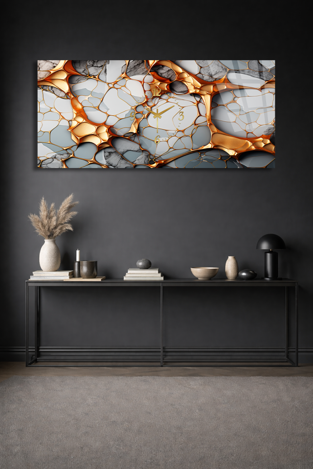 KIRILMAZ CAM DUVAR SAATİ , HEM TABLO HEM SAAT Altın Detaylı Mermer Soyut Tasarım EV OFİS HEDİYESİ