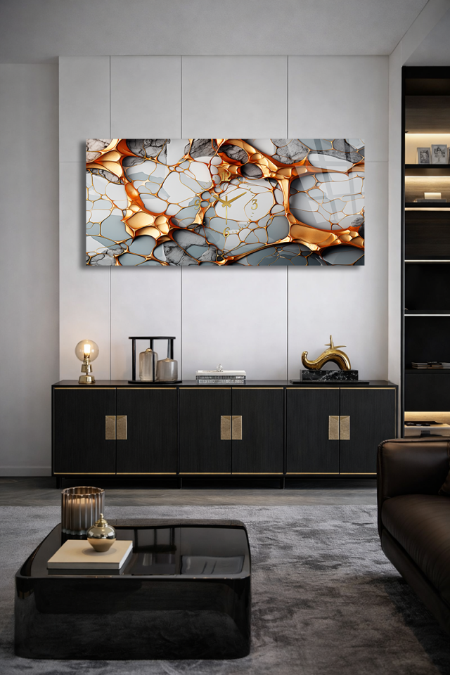 KIRILMAZ CAM DUVAR SAATİ , HEM TABLO HEM SAAT Altın Detaylı Mermer Soyut Tasarım EV OFİS HEDİYESİ