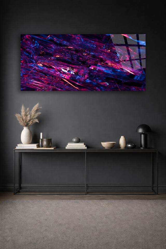 KIRILMAZ CAM DUVAR SAATİ , HEM TABLO HEM SAAT SOYUT MOR MAVİ SANAT TASARIM EV OFİS HEDİYESİ