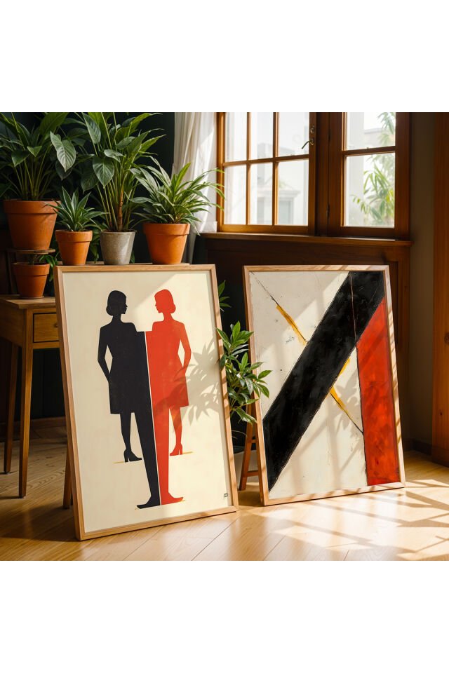 DOĞAL AHŞAP - Abstract Minimalist Sanat İkili Doğal Ahşap Çerçeveli Duvar Tablo Seti