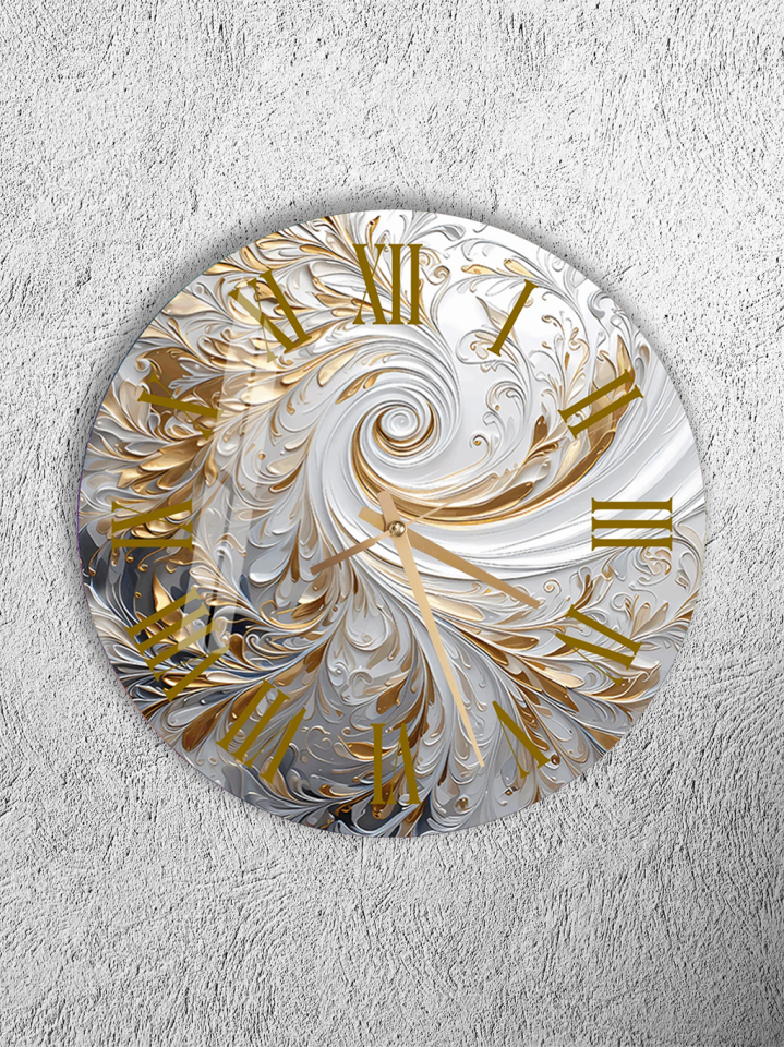 KIRILMAZ CAM DUVAR SAATİ, HEM TABLO HEM SAAT BEYAZ ALTIN SPİRAL LÜKS SANATSAL TASARIM EV OFİS HEDİYESİ