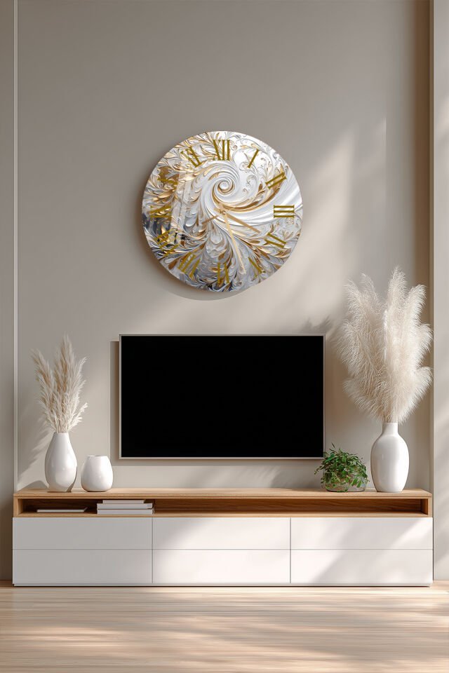 KIRILMAZ CAM DUVAR SAATİ, HEM TABLO HEM SAAT BEYAZ ALTIN SPİRAL LÜKS SANATSAL TASARIM EV OFİS HEDİYESİ