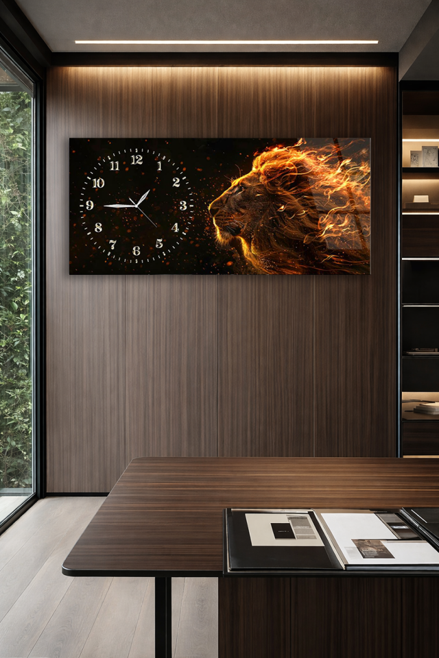 KIRILMAZ CAM DUVAR SAATİ , HEM TABLO HEM SAAT PREMIUM ASLAN CAM DUVAR SAATİ OFİS HEDİYESİ