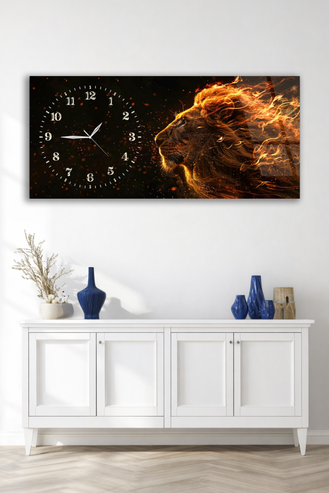 KIRILMAZ CAM DUVAR SAATİ , HEM TABLO HEM SAAT PREMIUM ASLAN CAM DUVAR SAATİ OFİS HEDİYESİ