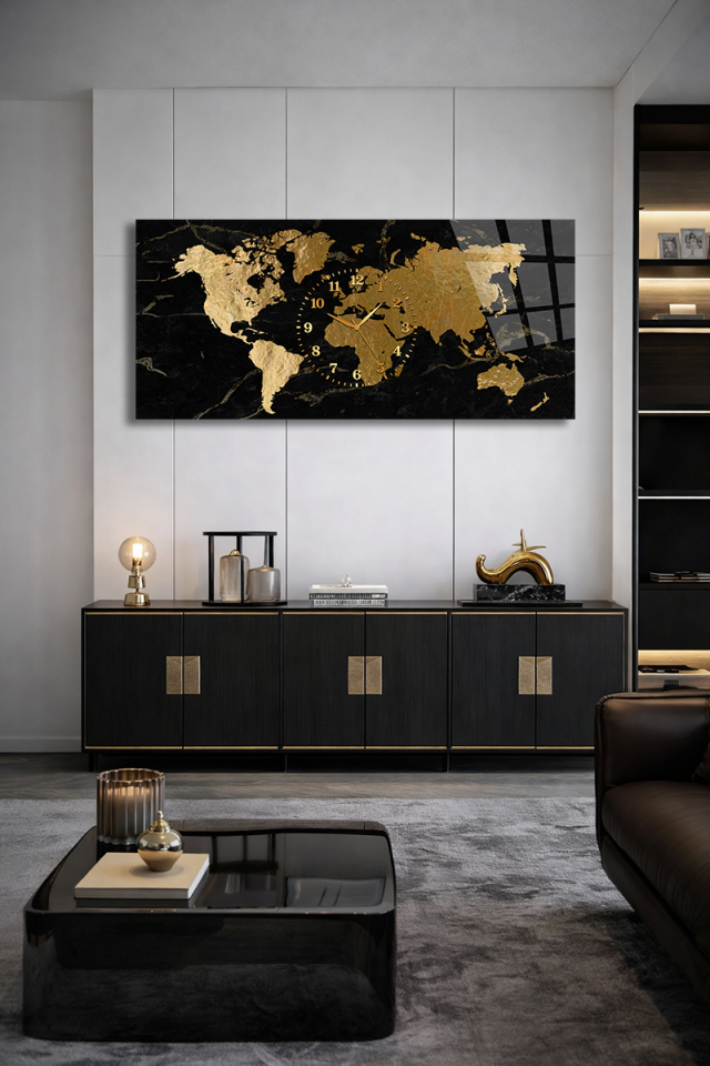KIRILMAZ CAM DUVAR SAATİ , HEM TABLO HEM SAAT Siyah Zemin Altın Dünya Haritası EV OFİS HEDİYESİ