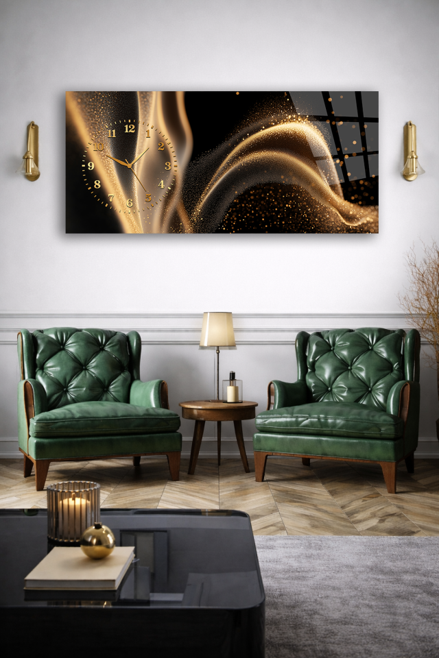 KIRILMAZ CAM DUVAR SAATİ , HEM TABLO HEM SAAT ALTIN DALGA IŞILTILI MODERN TASARIM EV OFİS HEDİYESİ