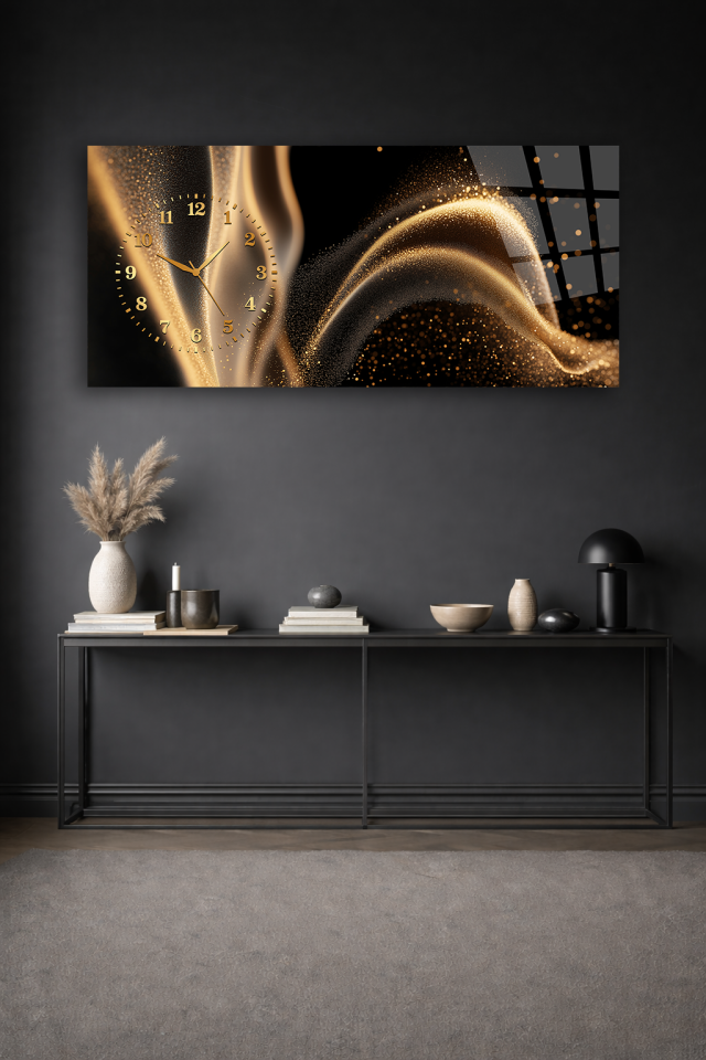 KIRILMAZ CAM DUVAR SAATİ , HEM TABLO HEM SAAT ALTIN DALGA IŞILTILI MODERN TASARIM EV OFİS HEDİYESİ