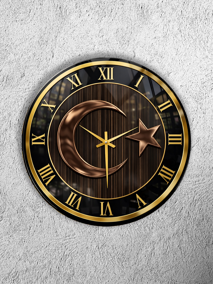 KIRILMAZ CAM DUVAR SAATİ, HEM TABLO HEM SAAT AY YILDIZ TÜRK BAYRAĞI TEMALI EV OFİS HEDİYESİ