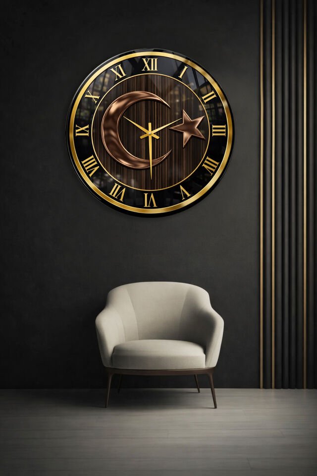 KIRILMAZ CAM DUVAR SAATİ, HEM TABLO HEM SAAT AY YILDIZ TÜRK BAYRAĞI TEMALI EV OFİS HEDİYESİ