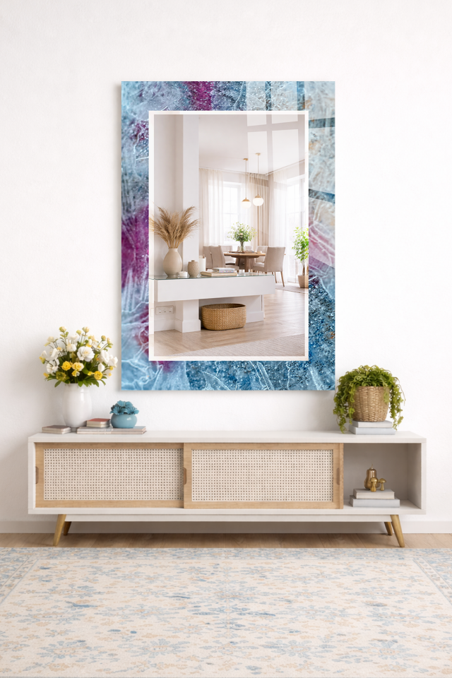 HEM TABLO HEM AYNA MAVİ MOR MERMER SOYUT DESEN CAM DUVAR AYNASI EV DEKORU