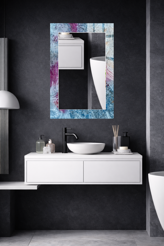 HEM TABLO HEM AYNA MAVİ MOR MERMER SOYUT DESEN CAM DUVAR AYNASI EV DEKORU